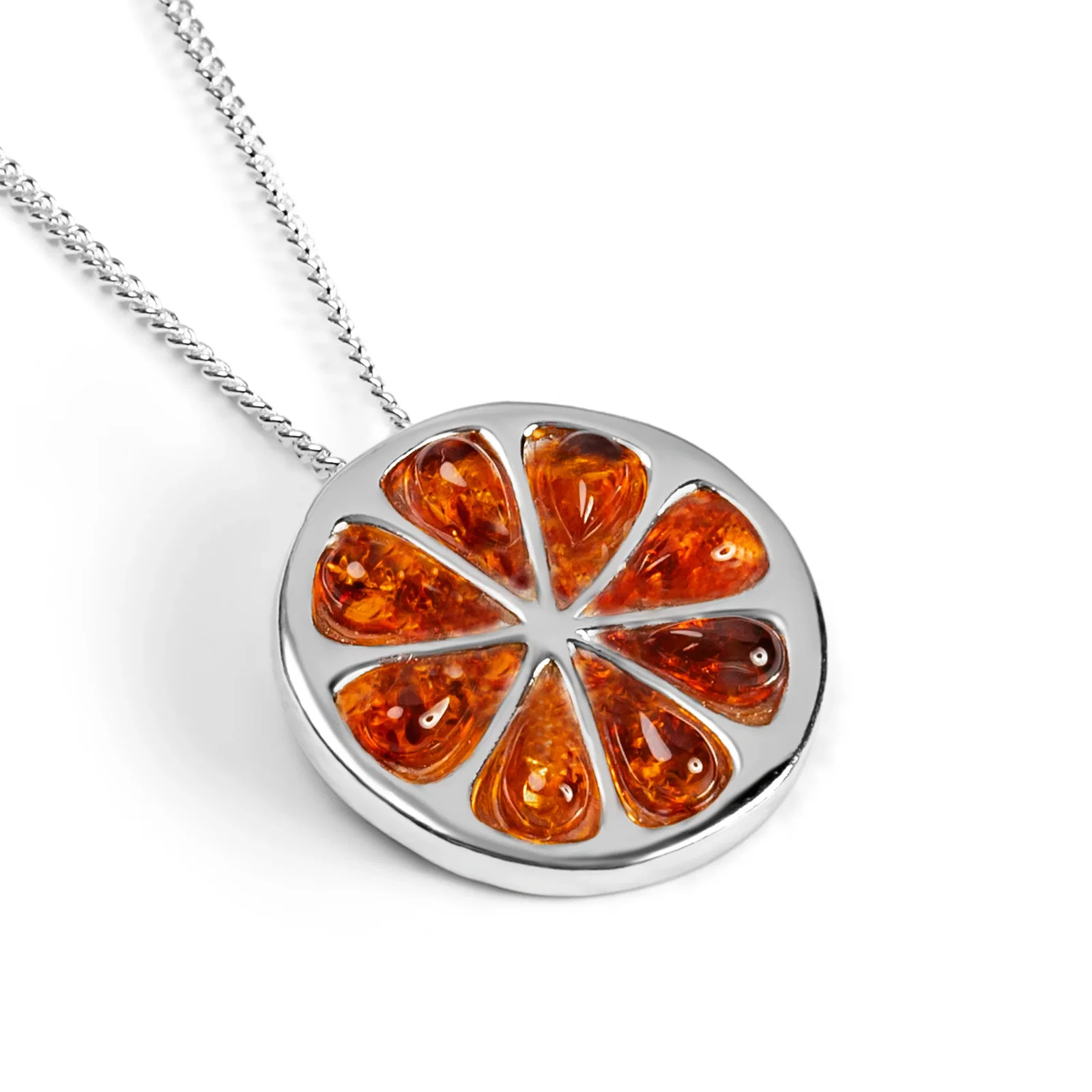 Image of Orange Slice Fruit Necklace in Silver and Cognac Amber