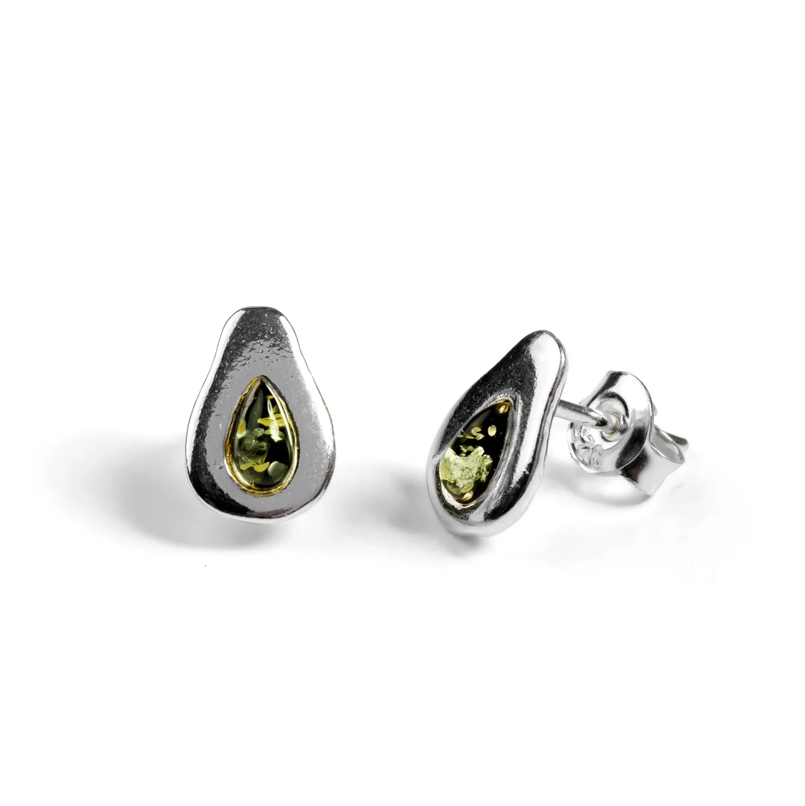 Image of Avocado Stud Earrings in Silver and Green Amber