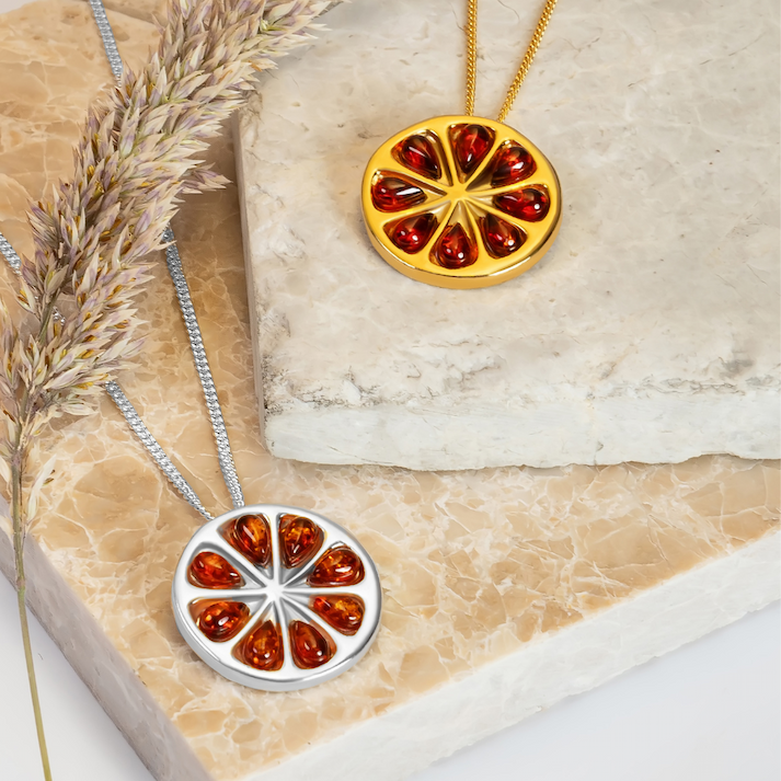 Orange Slice Fruit Necklace in Silver and Cognac Amber