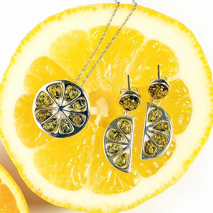 Lime Slice Necklace & Earrings in Silver with Green Amber
