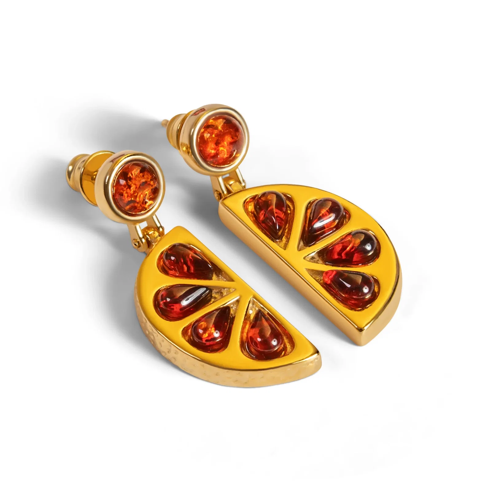 Image of Orange Slice Fruit Drop Earrings in Silver with 24ct Gold and Cognac Amber