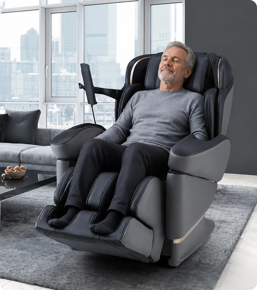 Man relaxing in a massage chair at home.