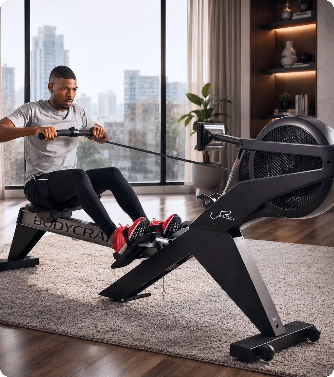 Man exercising at home on a rowing machine.