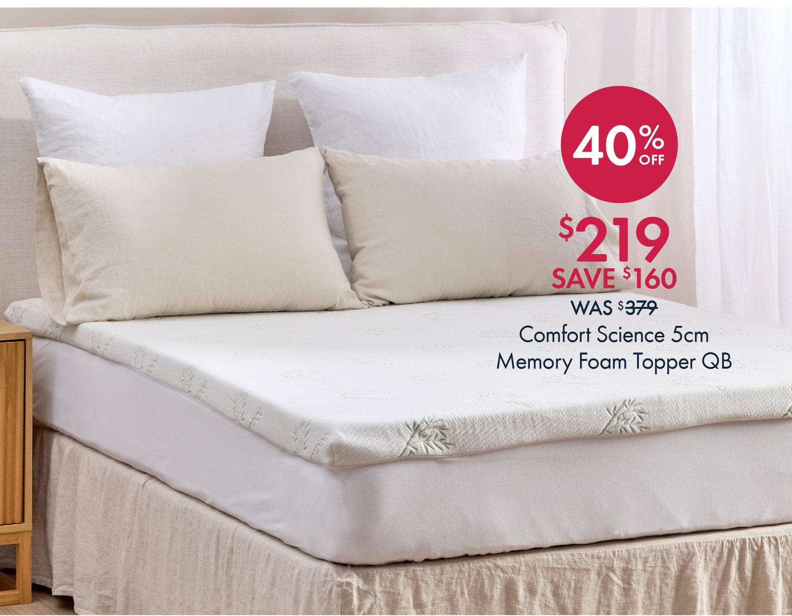 40% Off Comfort Science 5cm memory Foam Topper
