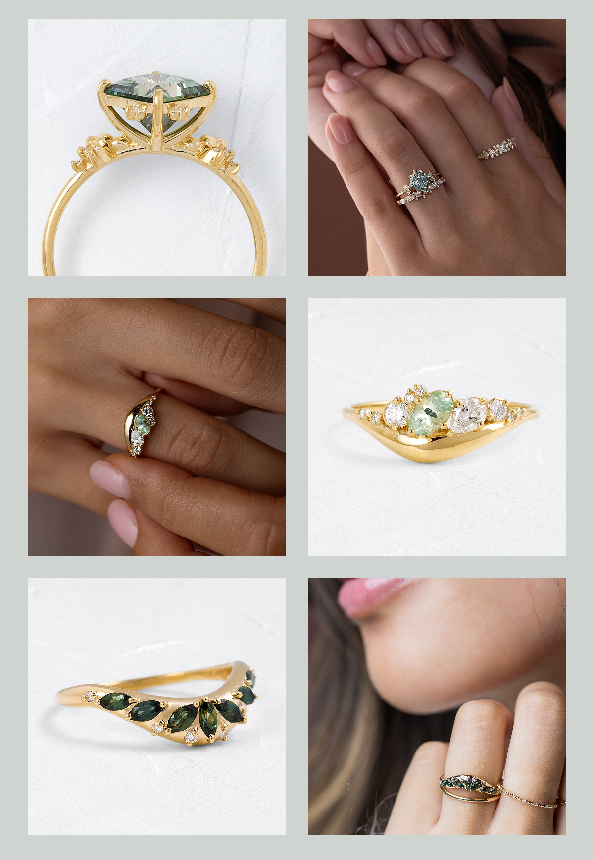 Overview of several pieces coming soon in the Greens Drop, shown in a collage of model and product photos