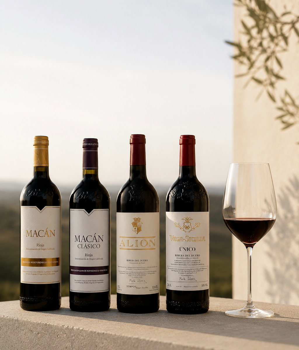 Four red wine bottles (Macán, Macán Clásico, Alión, Vega-Sicilia Único) and a glass of red wine on a sunlit stone ledge with a blurred landscape and olive branch