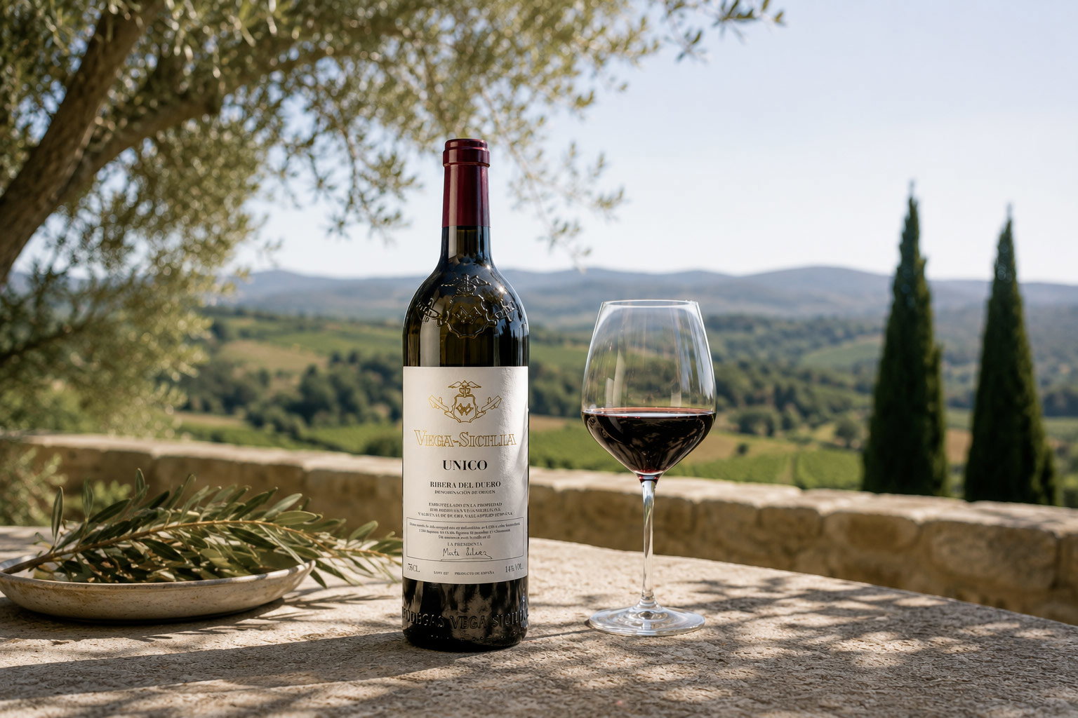 Bottle of Vega Sicilia Unico red wine and a filled glass on a terrace overlooking vineyards and cypress trees