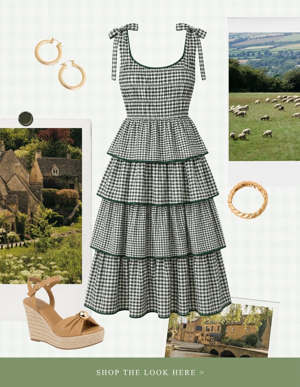 Cutout of a green and white gingham tiered midi dress. Shop the Look Here.