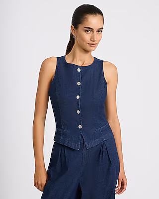 Denim Crew Neck Button Front Blazer Vest