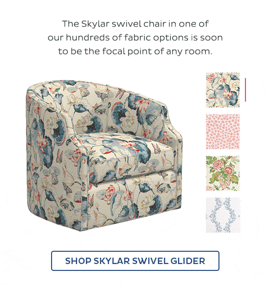 The Skylar swivel chair in one of our hundreds of fabric options is soon to be the focal point of any room. - Shop Skylar swivel glider