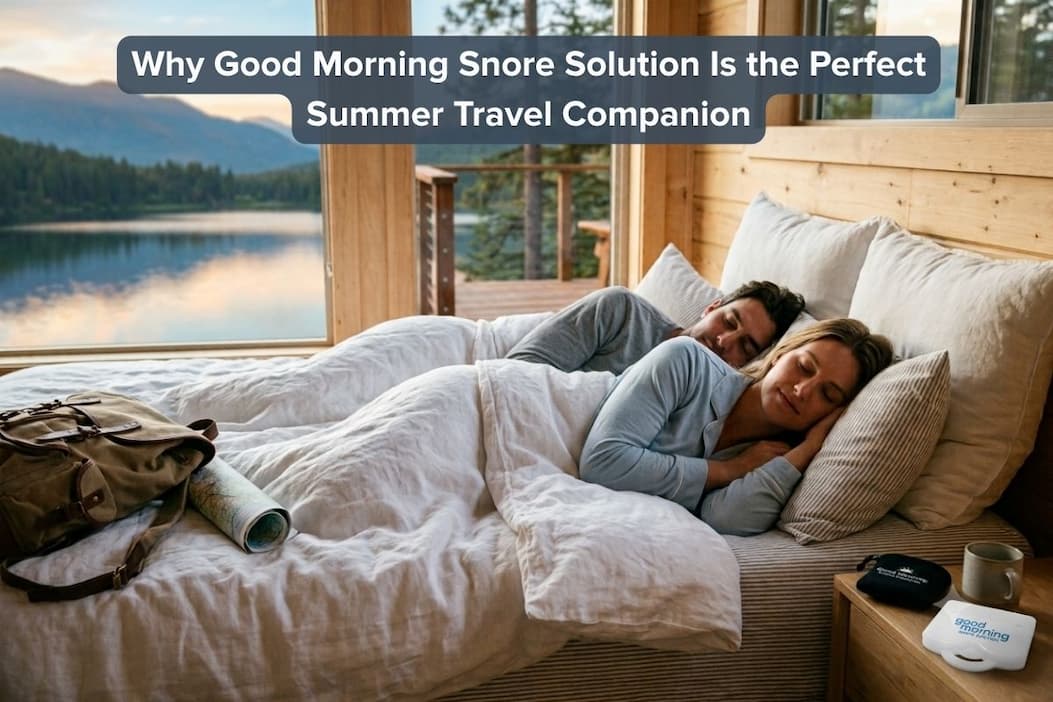 A couple sleeping peacefully in a lakeside cabin with a Good Morning Snore Solution case on the nightstand.