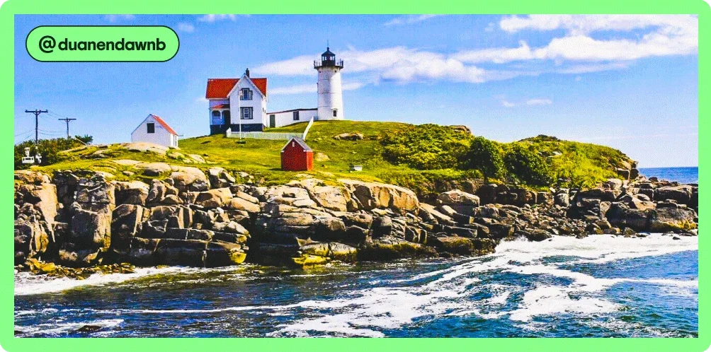 Image description: A red and white lighthouse on the coast of Maine, photo taken by @duanendawnb