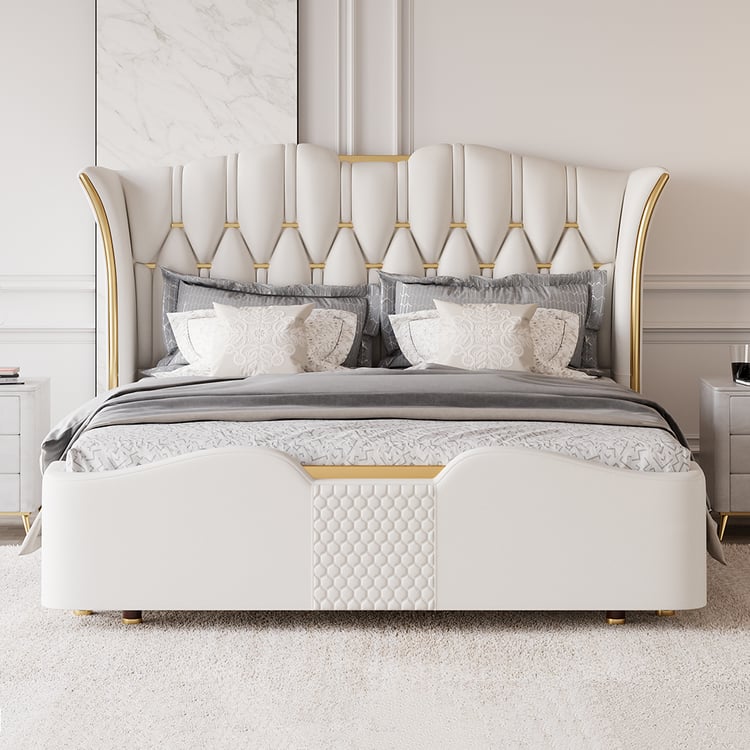Luxury King White Leather Bed with Tufted Wingback Headboard Luxury King White Leather Bed with Tufted Wingback Headboard