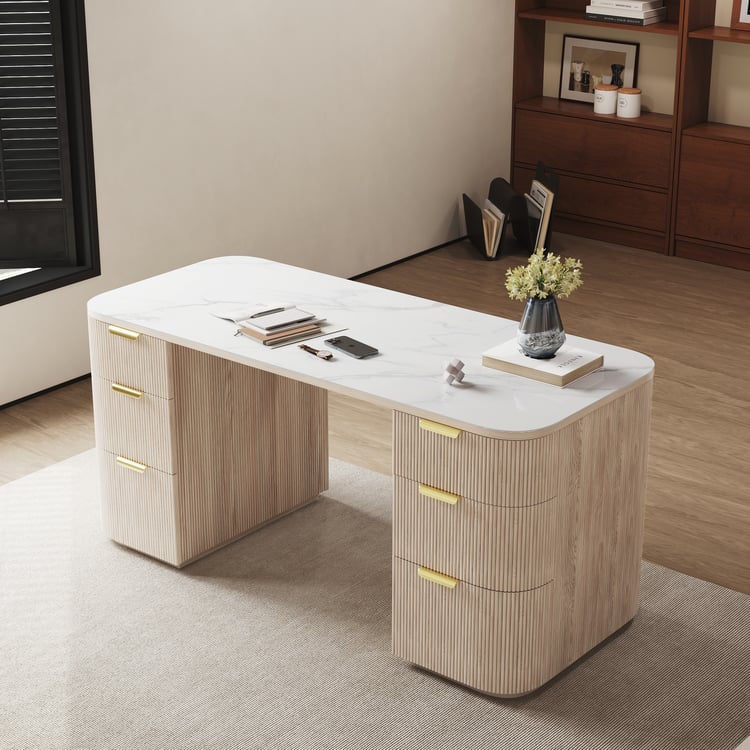 Modern 64" Rounded Edge Whitewash Sintered Stone Desk with Dual Storage Modern 64" Rounded Edge Whitewash Sintered Stone Desk with Dual Storage