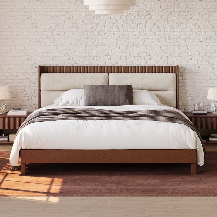 Modern Walnut King Size Solid Wood Bed with Boucle Headboard Pillows Modern Walnut King Size Solid Wood Bed with Boucle Headboard Pillows