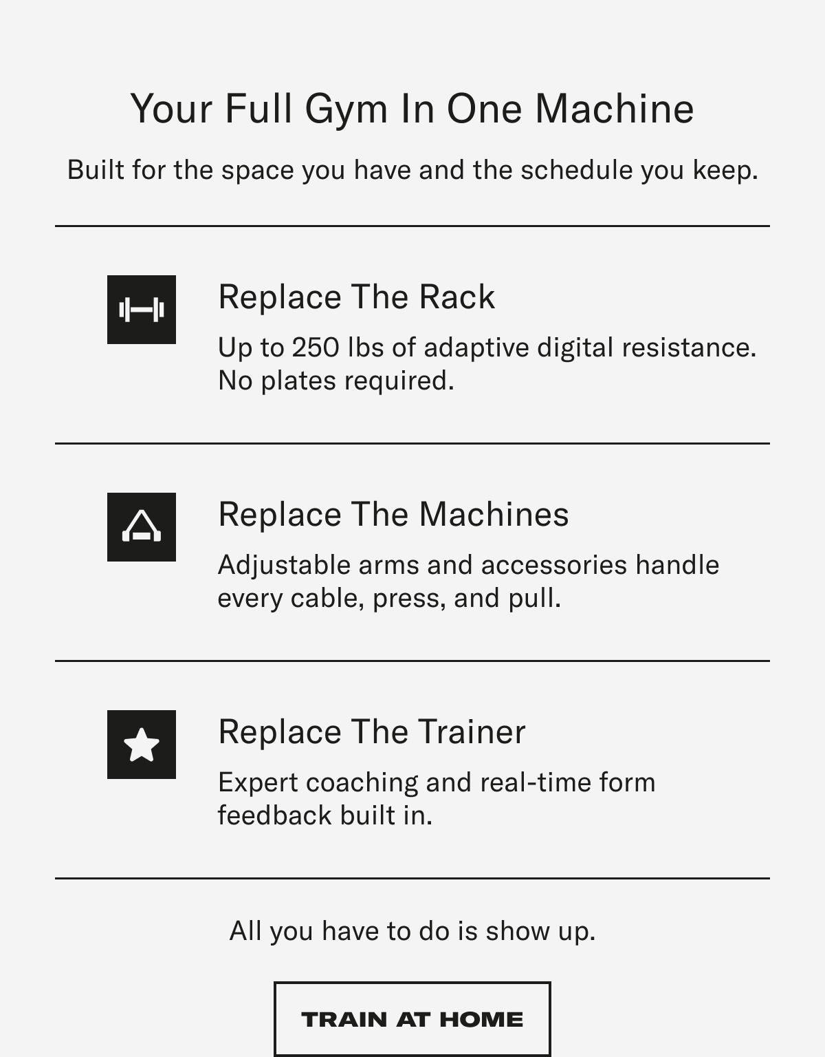 Your Full Gym In One Machine.TRAIN AT HOME