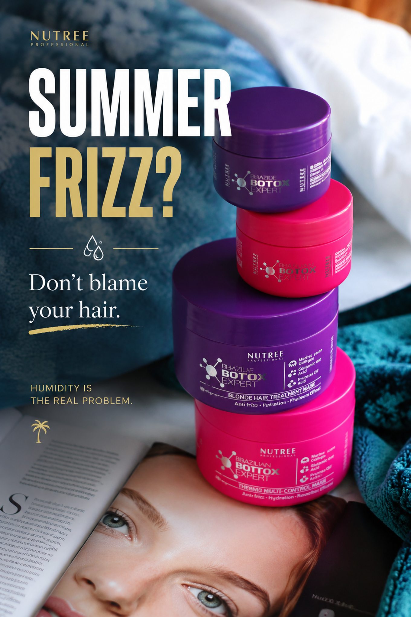 Summer frizz? Don't blame your hair. Humidity is the real problem. Nutree Bondox Expert masks.