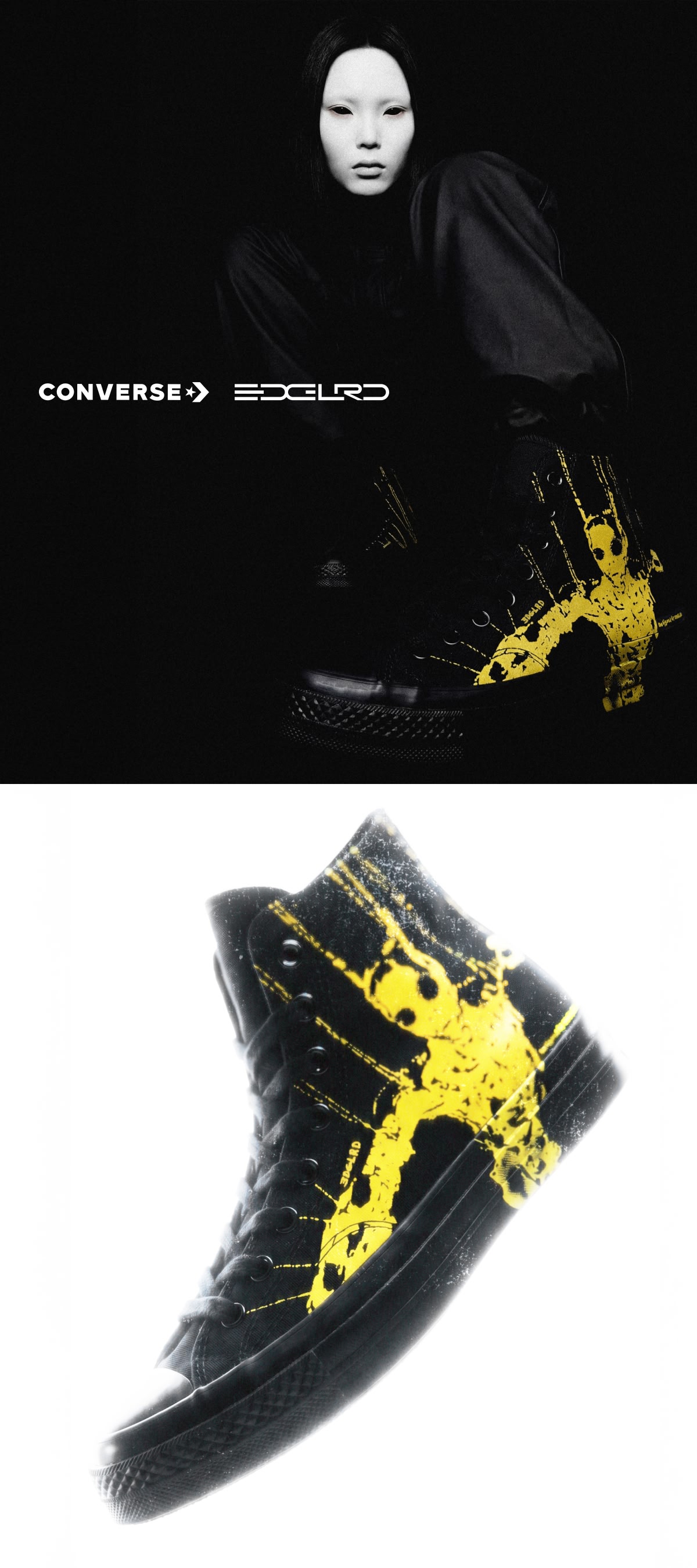Shop the Converse x EDGLRD drop, with black and yellow high-tops