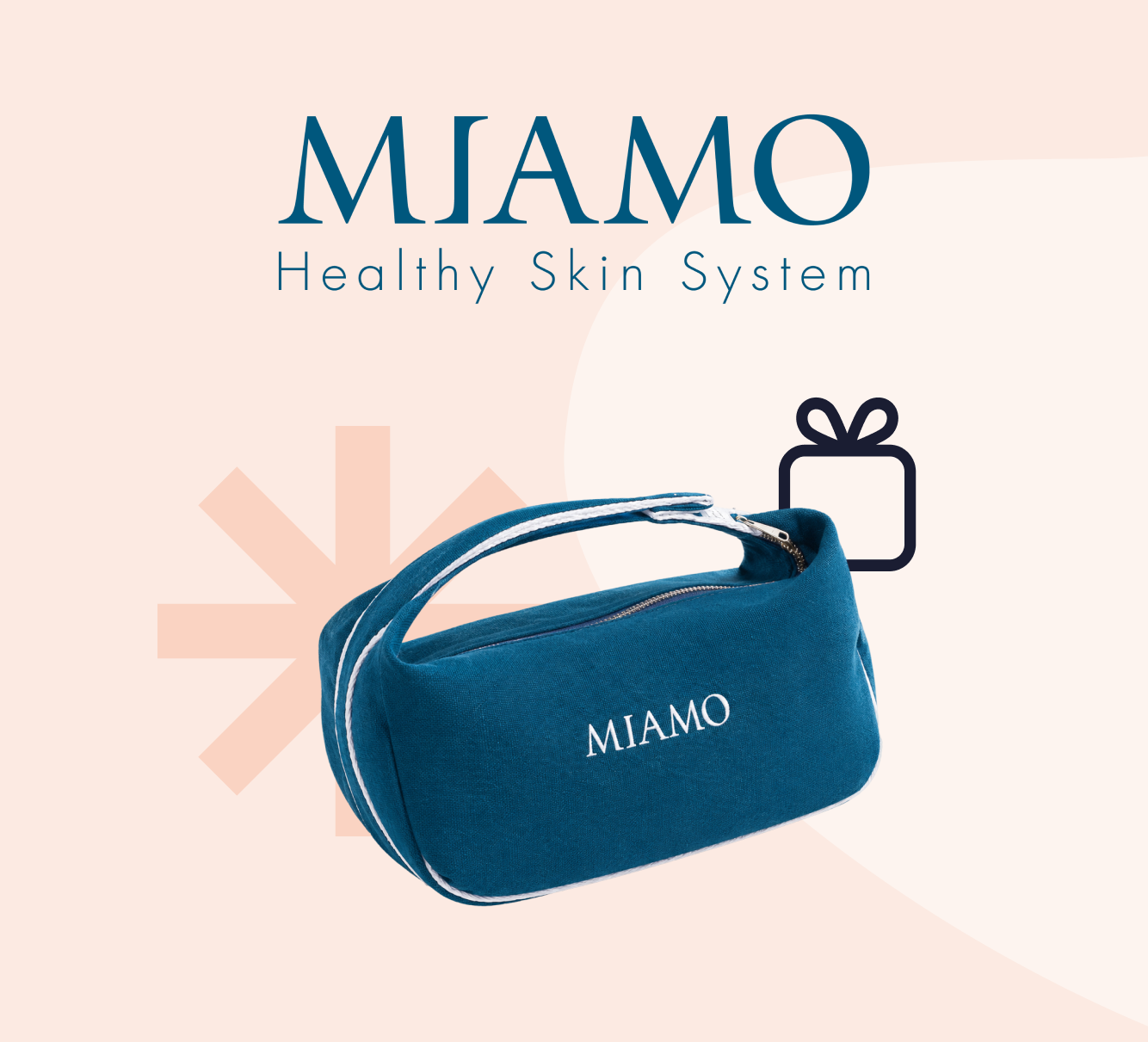 MIAMO teal toiletry gift bag with MIAMO logo, beneath 'MIAMO Healthy Skin System' text on a pale peach background