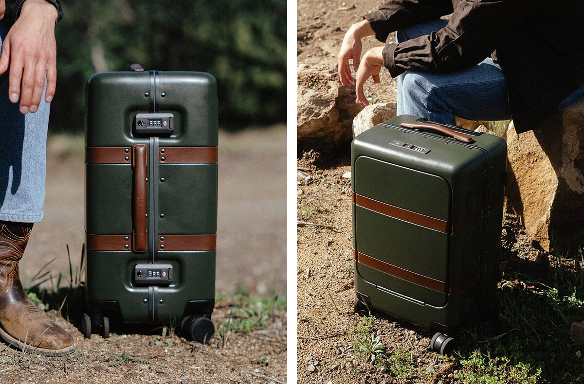 Two-panel image of a man carrying a green hardshell suitcase with brown leather straps in a desert landscape.