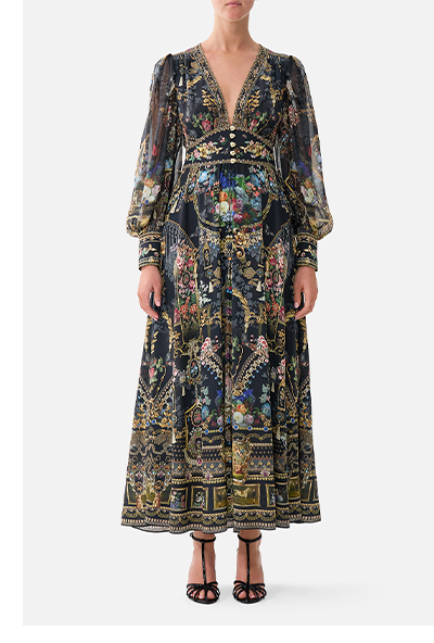 SHAPED WAISTBAND DRESS WITH GATHERED SLEEVES | NIGHT GARDEN