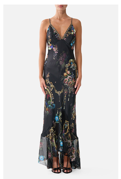 V NECK SLIP DRESS WITH FLOUNCE HEM | NIGHT GARDEN