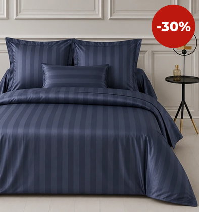 Housse de couette satin de coton 2 faces uni raye bleu indigo