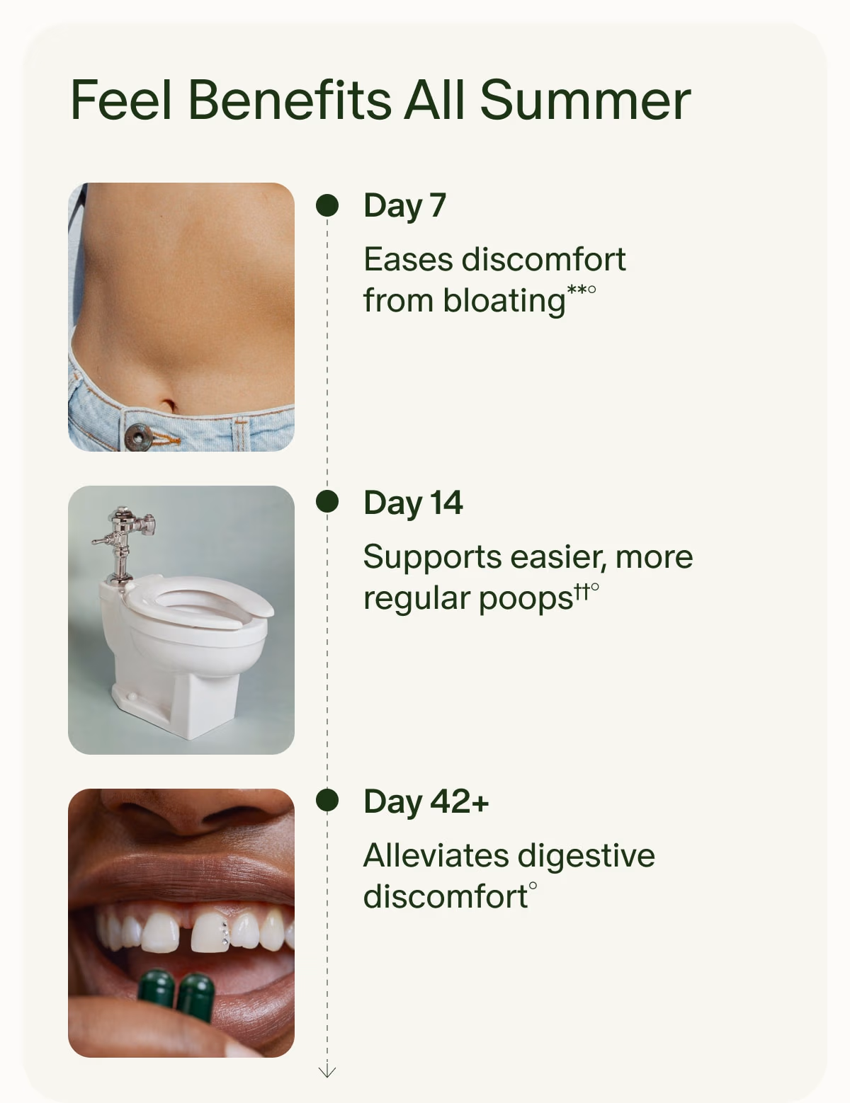 Feel Benefits All Summer | Day 7 | Eases discomfort from bloating**° | Day 14 | Supports easier, more regular poops††° | Day 42+ | Alleviates digestive discomfort°