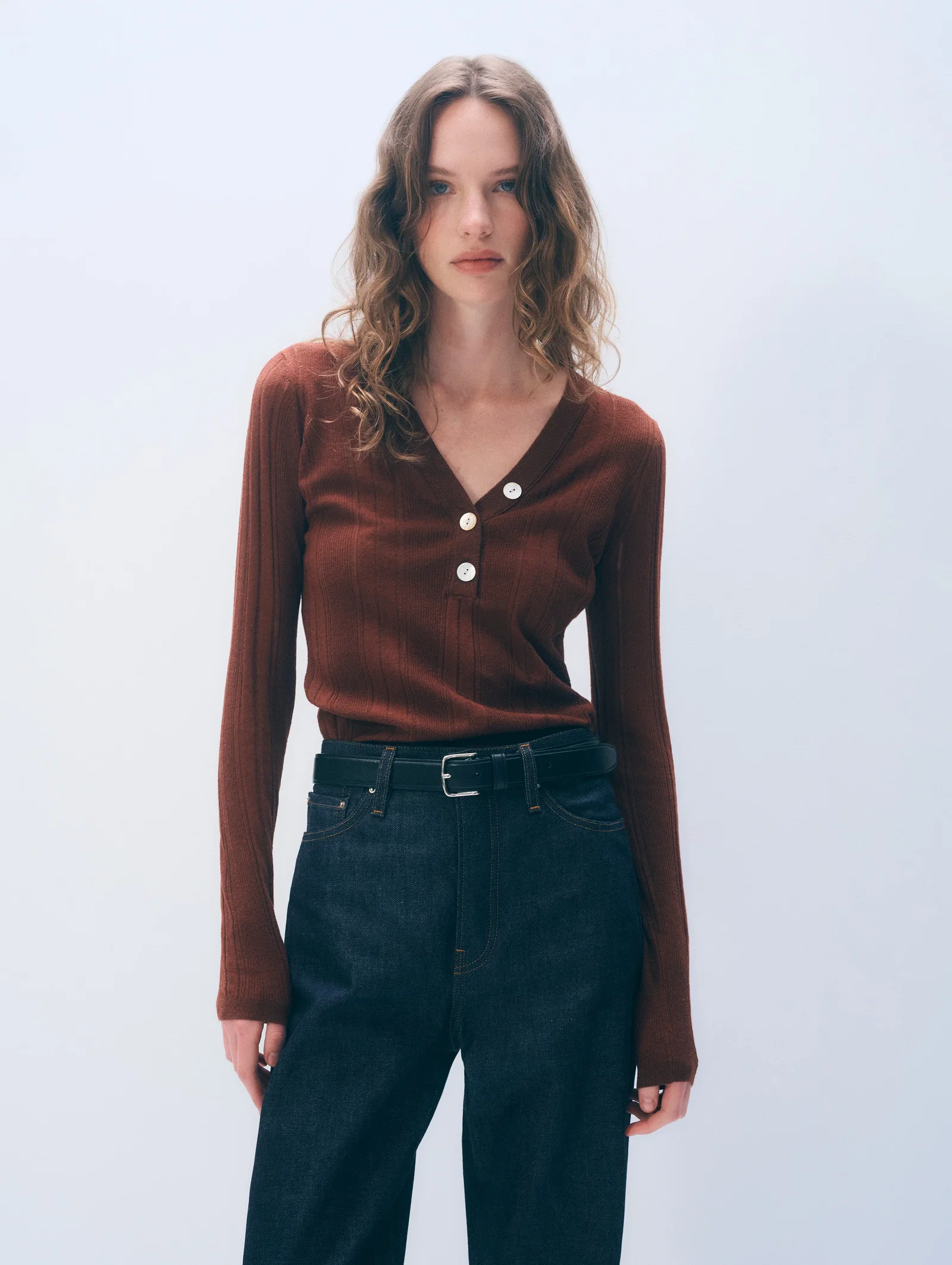Image of Linen Blend Henley | Redwood Brown