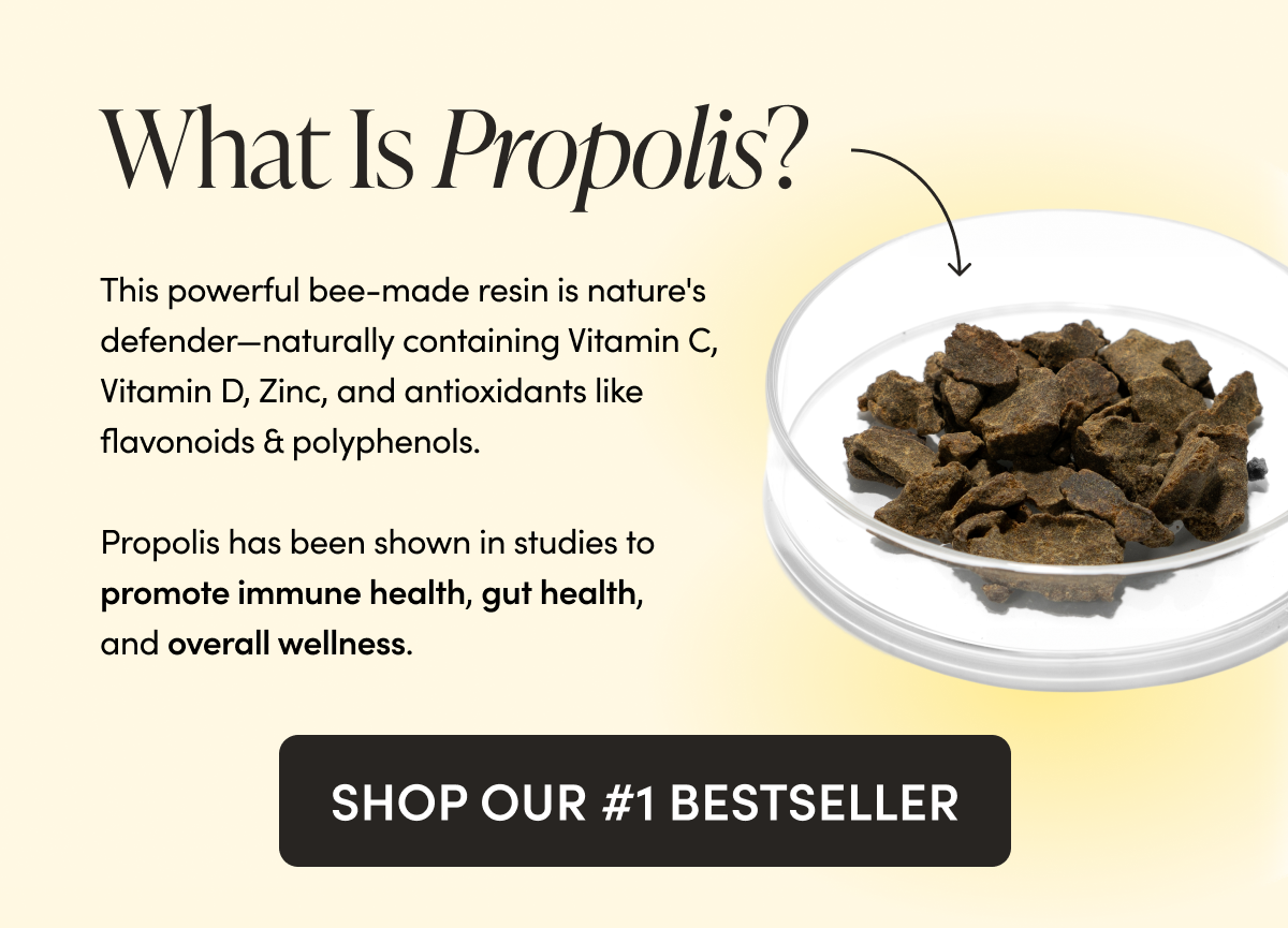What Is Propolis? This powerful bee-made resin is nature's defender—naturally containing Vitamin C, Vitamin D, Zinc, and antioxidants like flavonoids & polyphenols.   Propolis has been shown in studies to promote immune health, gut health, and overall wellness.        CTA: SHOP OUR #1 BESTSELLER         