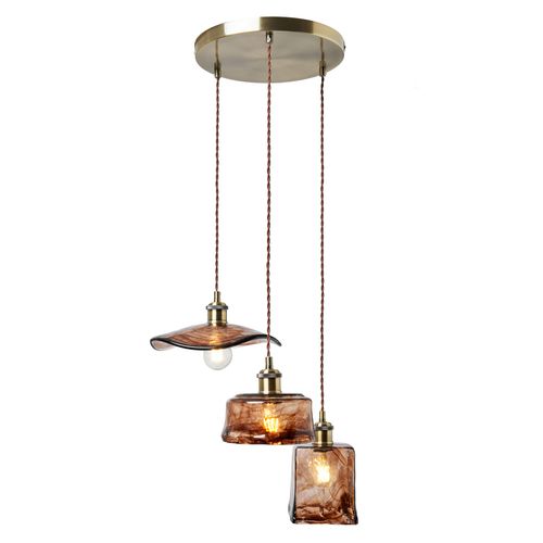 Amber 3 Light Cluster Ceiling Pendant with Brown Glass Shades, Satin Brass