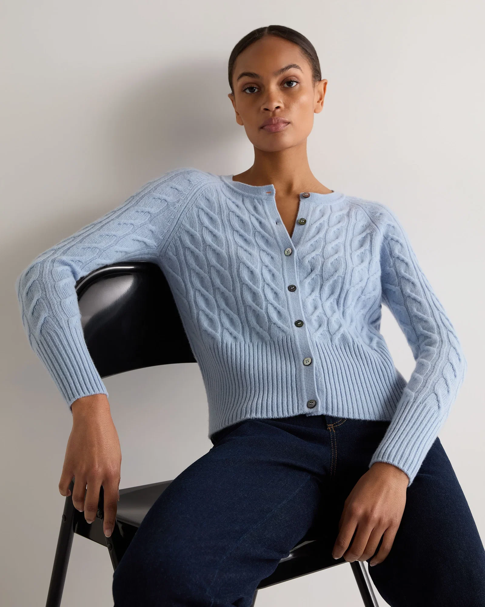 Image of Women's Myla Cable Cashmere Cardigan Sea Mist Blue