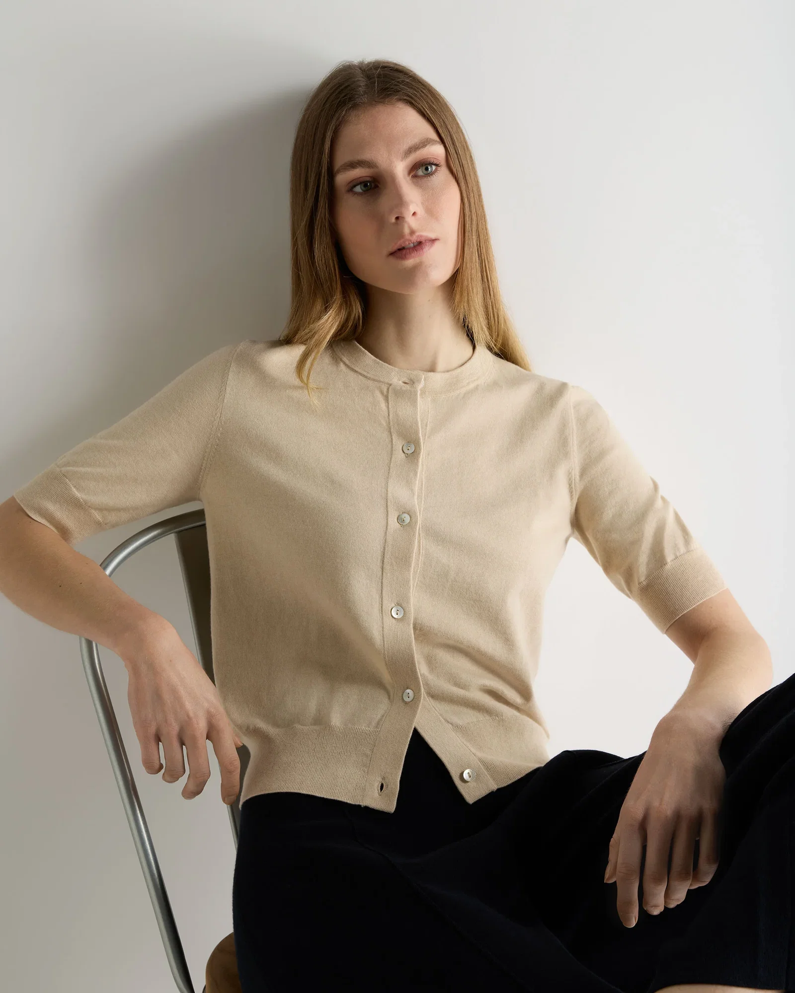 Image of Women's Cotton Cashmere Short Sleeve Cardigan Natural Brown