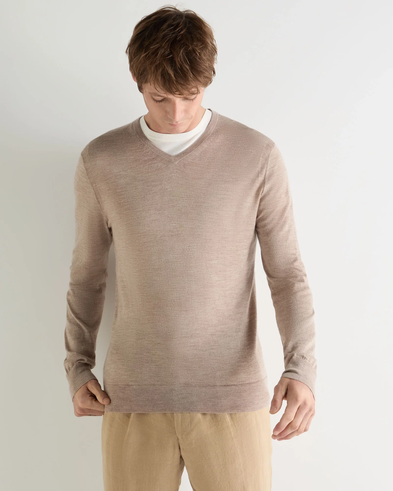 Image of Men's Conduit Fine Gauge Cashmere V Neck Jumper Soft Taupe Brown