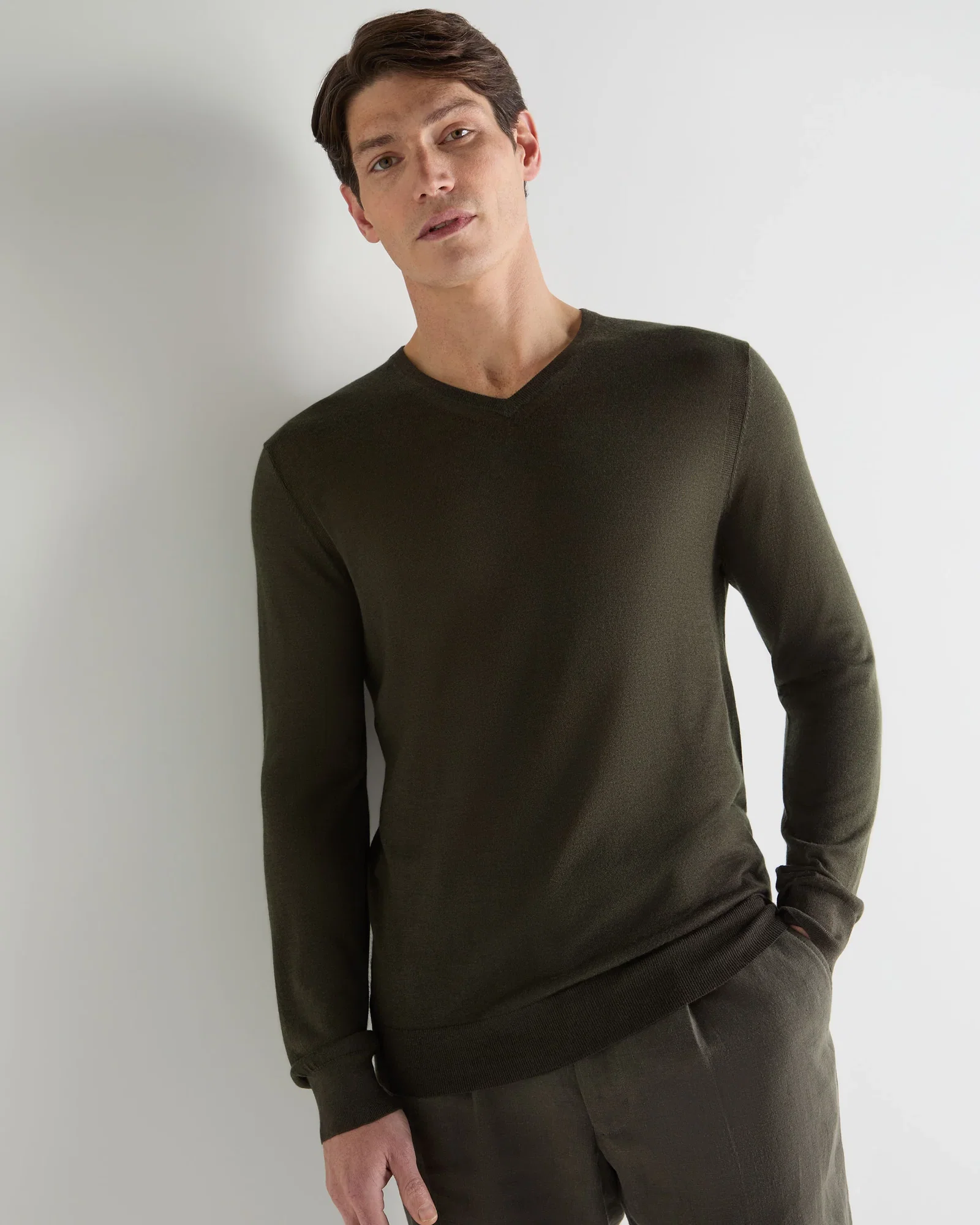 Image of Men's Conduit Fine Gauge Cashmere V Neck Jumper Arabica Khaki Green
