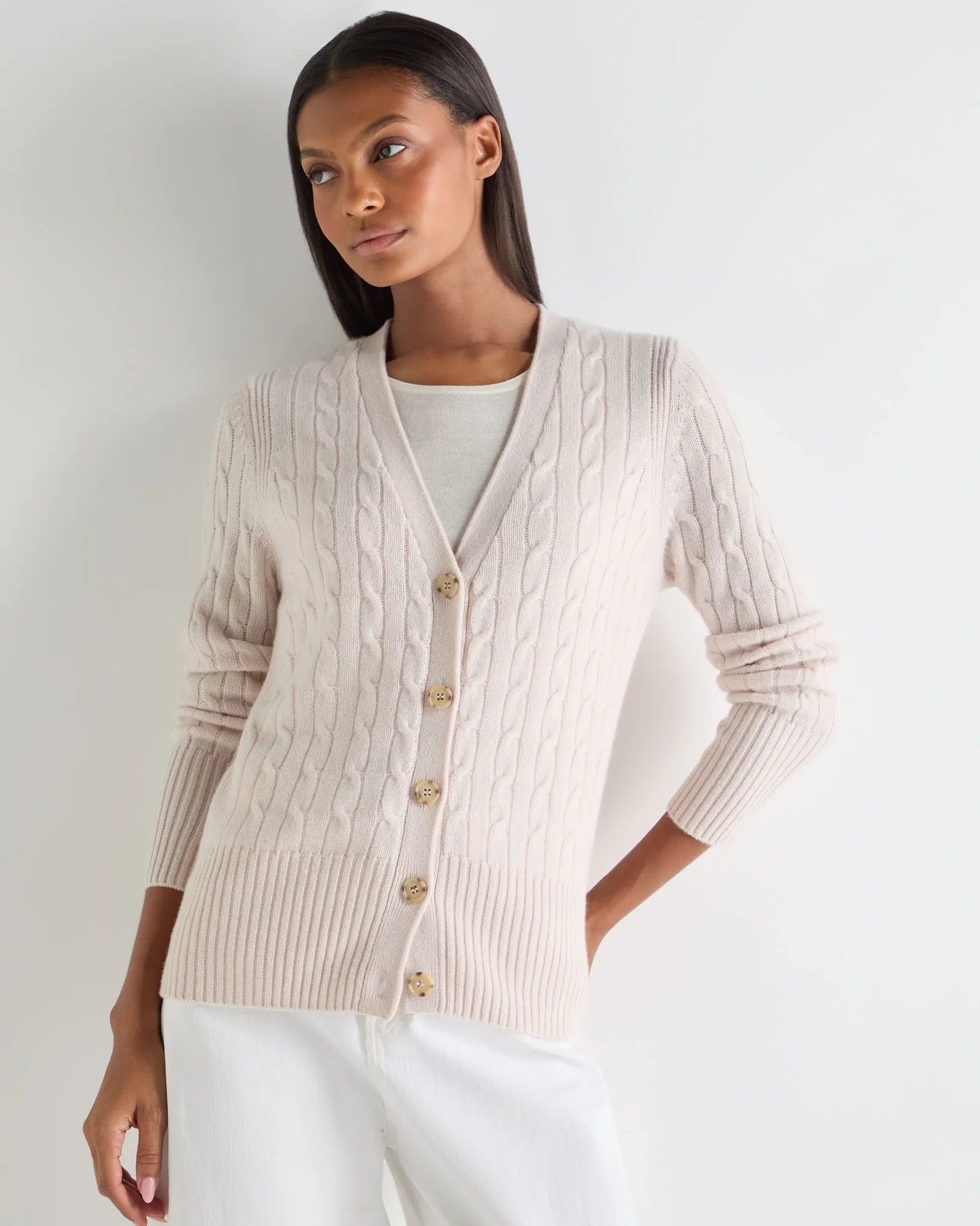 Image of Women's Clara Cable V Neck Cashmere Cardigan Dove Pink
