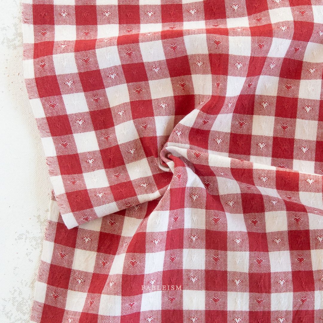Fableism Queen of Hearts Yarn Dyed Woven Jacquard Fabric Cherry Gingham Hearts