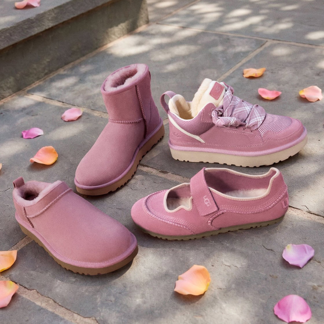 The Classic Micro, Classic Mini, Lowmel and Quill Mary Jane in the Dusty Orchid colour sitting on stoney ground with petals around them.