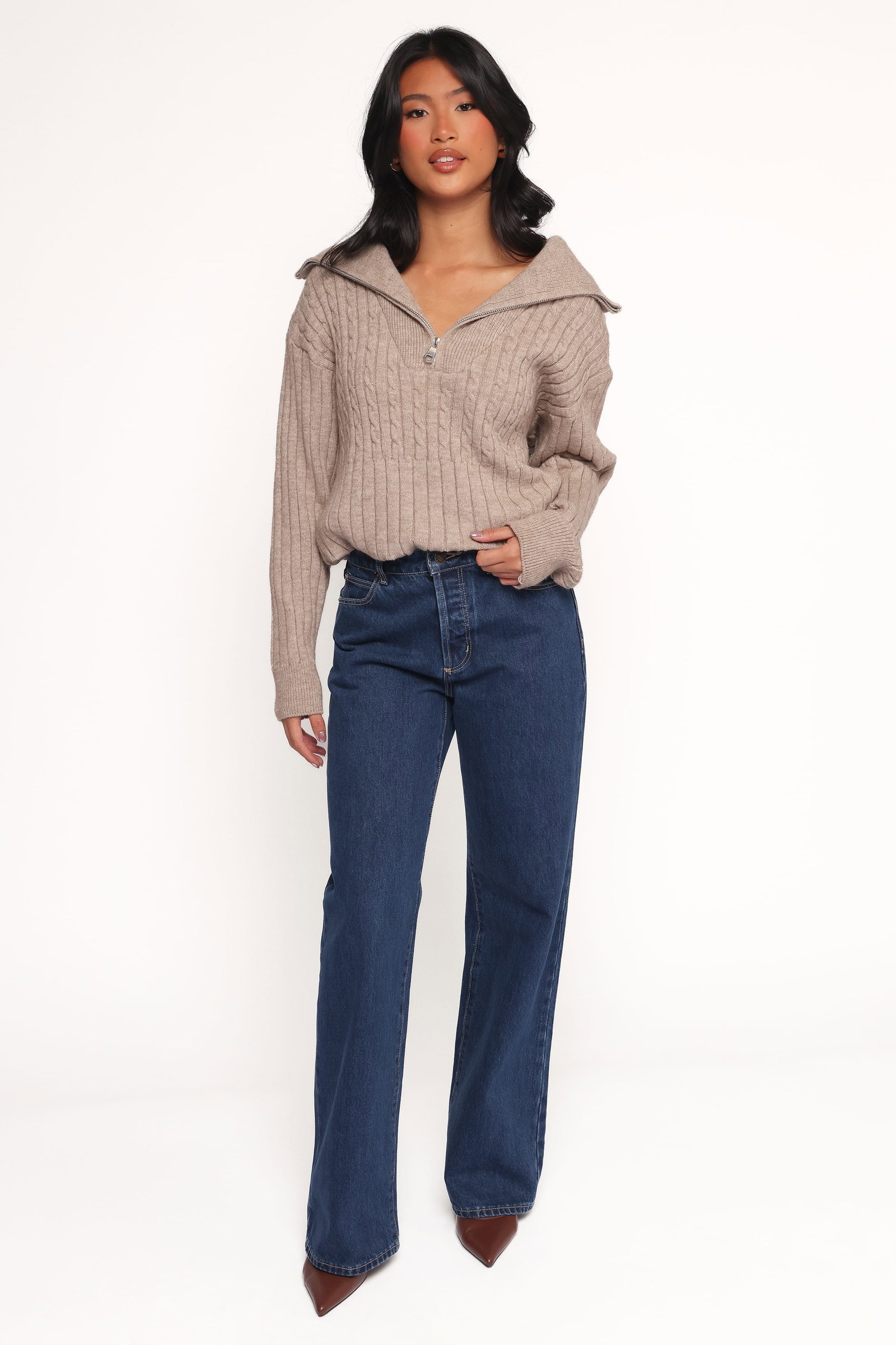 Image of Anais Quarter Zip Knit Sweater - Beige