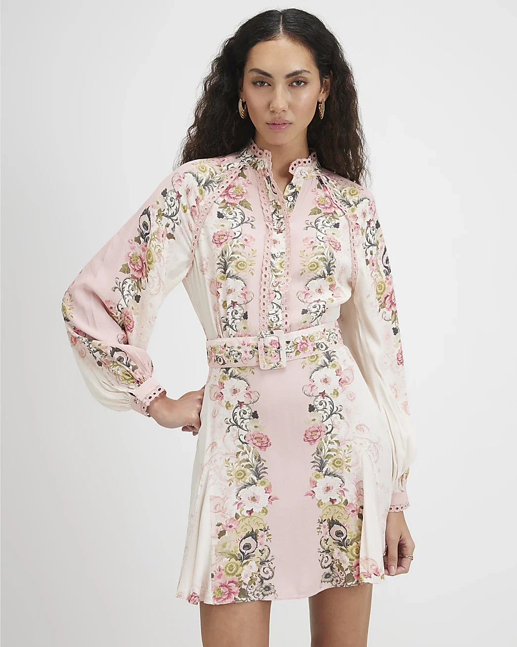 Womens Pink Floral Print Lace Detail Shirt Dress
