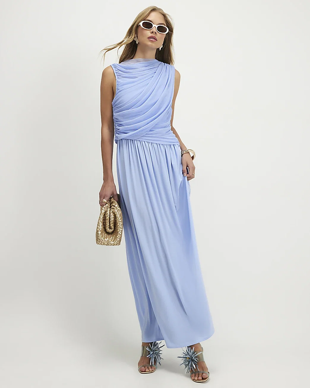 Womens Blue Sleeveless Drape Maxi Dress