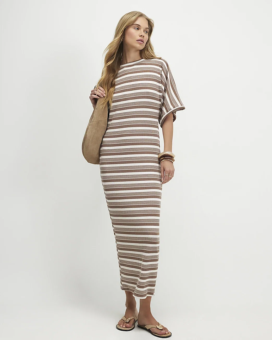 Womens Brown Short Sleeve Striped Maxi Batwing Dress