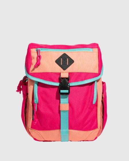 The (R)evolution 9L Sidekick compact daypack in pink and coral with teal accents, front view.