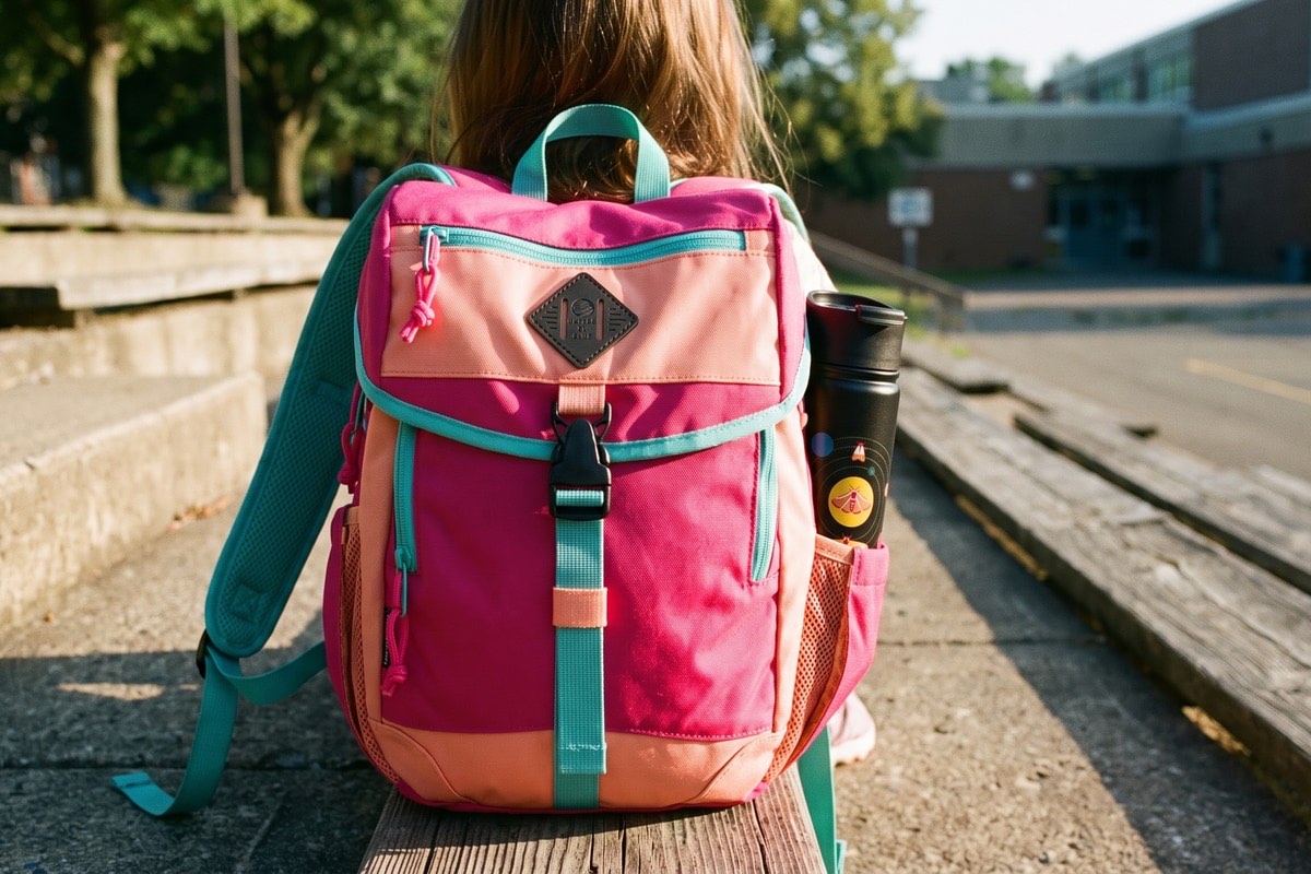 A student walking toward school, seen from behind, wearing the pink and coral United By Blue 9L Sidekick daypack with a black insulated water bottle tucked in the side pocket.
