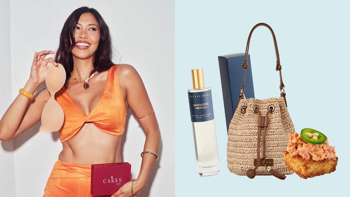 nipple pasties, room spray, straw bag