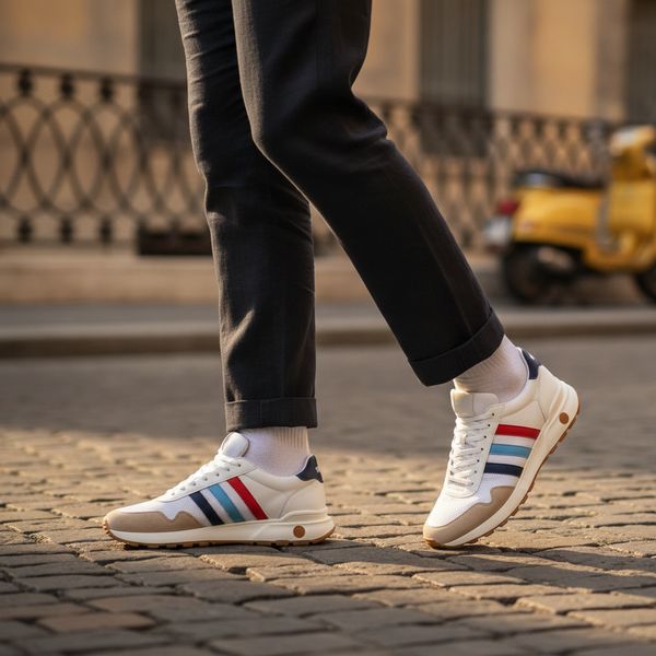 Person walking on cobblestone street wearing white retro trainers with red and blue stripes, dark trousers and white socks