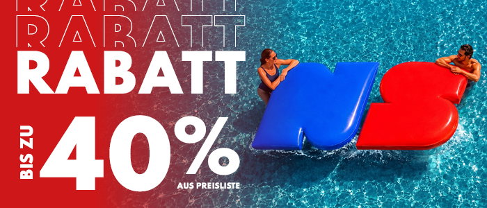 Top-down view of two people on red and blue pool floats beside bold 'Up to 40% off' sale graphic
