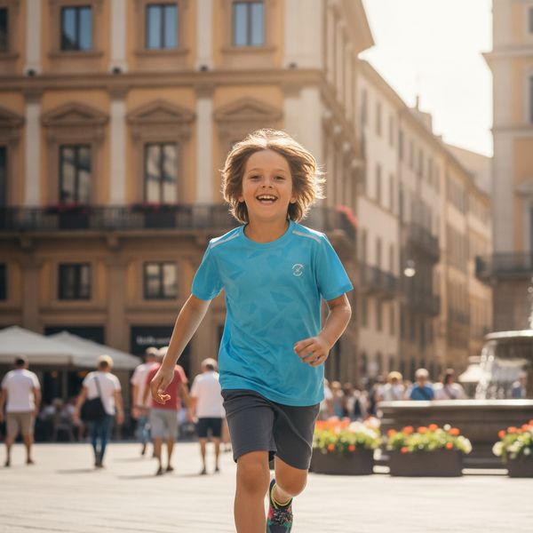Smiling boy in a blue T-shirt running across a sunny European city square with historic buildings and people