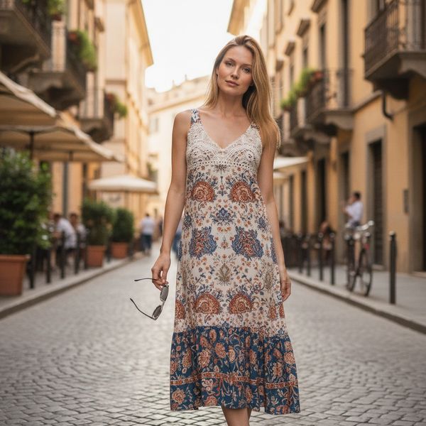 Woman in patterned sundress holding sunglasses, walking down a sunlit cobbled European street with cafes