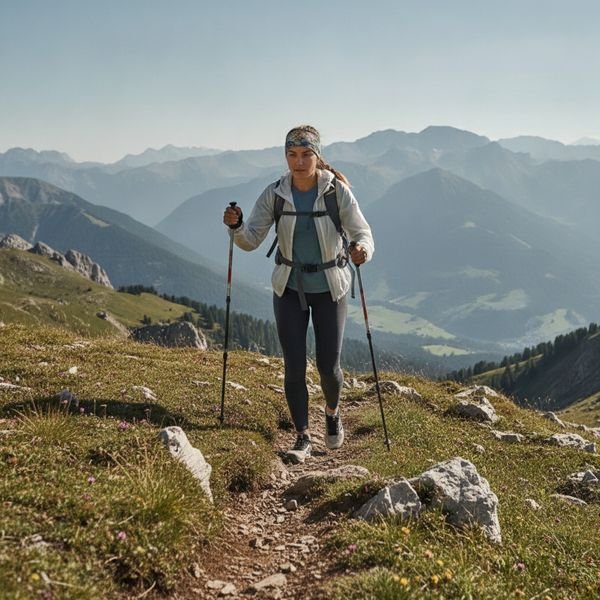 Woman hiking with trekking poles on a rocky alpine trail, wearing a rucksack and headband, layered clothing and panoramic mountain views
